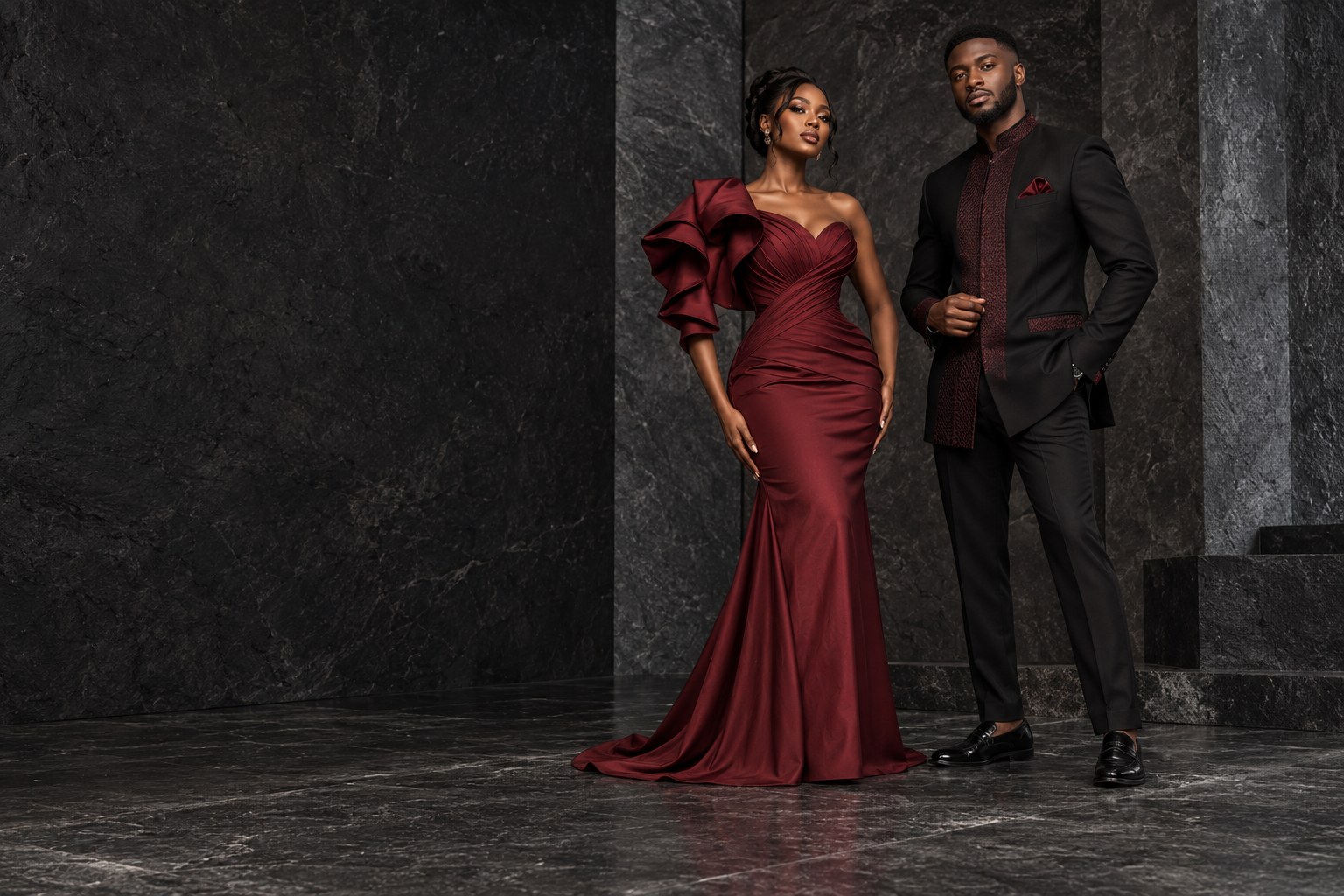 Fashion inspiration: a woman in a sculptural burgundy evening gown and a man in a tailored black formal outfit