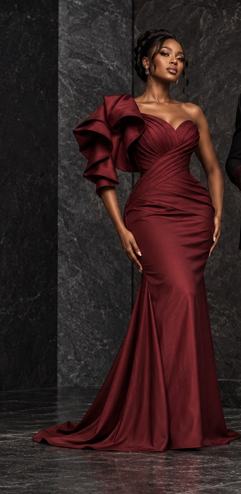 Burgundy sculptural gown shown as womenswear design inspiration